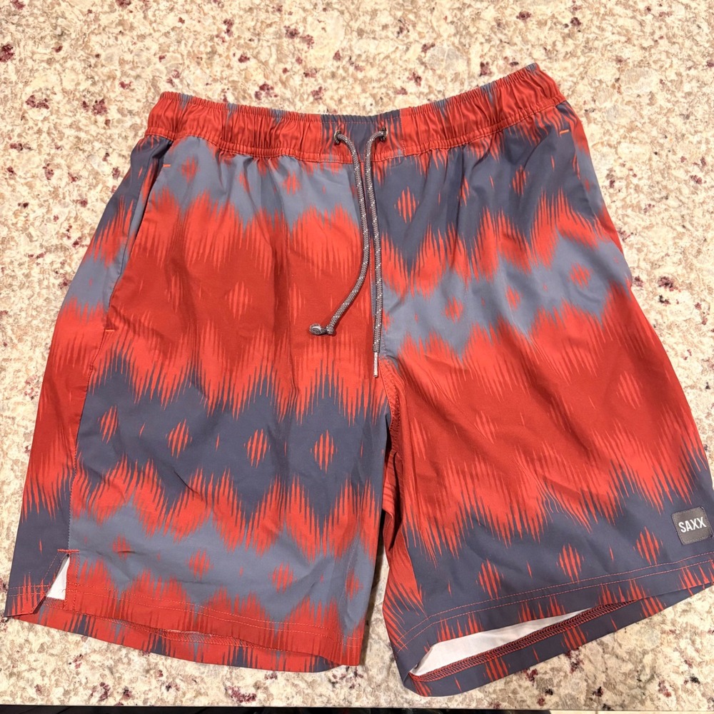SAXX Multi-Sport 2N1 Shorts Mens Medium Red Gray Geometric BallPark Pouch 7"